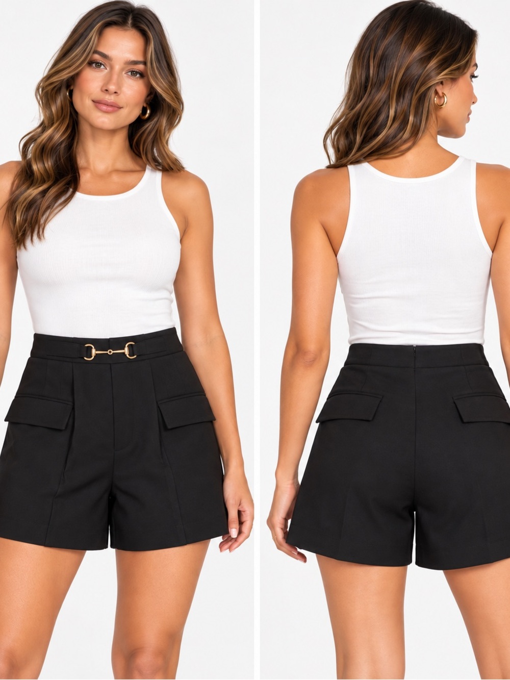 J.ING Black High Waist Pleated Tailored Shorts Gold Horsebit NWT XS